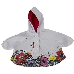 Catimini Rain Coat Baby Girl Size 12 Months Cheerful White Floral Spring Hooded